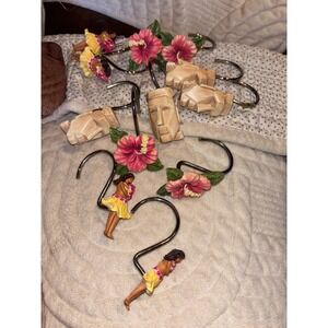 Hawaiian Hula Dancer Tiki Mask Hibiscus Flower Shower Curtain Hooks Set 12